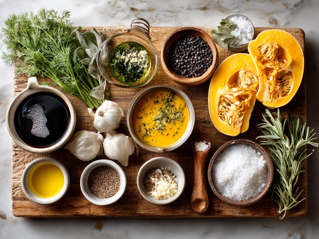 Top-down view of raw ingredients for butternut squash soup on marble counter