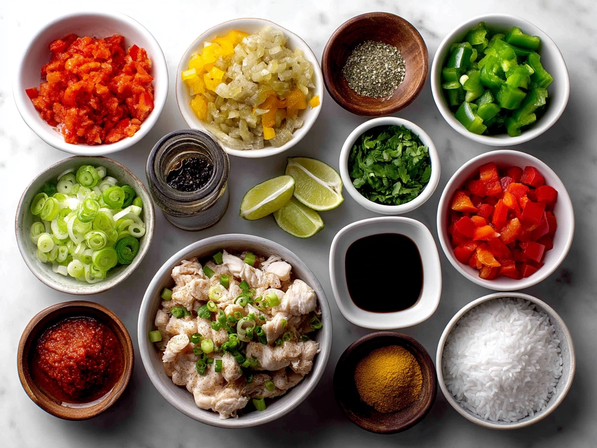 Top down view of raw ingredients for colorful Chicken Fajita Rice including chicken strips, bell peppers, onions, garlic, spices, and rice