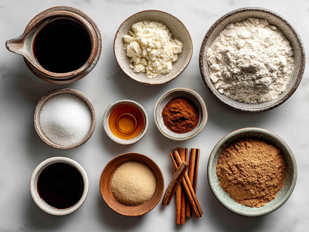 Top down view of raw ingredients for cinnamon sugar bagels arranged on a marble surface