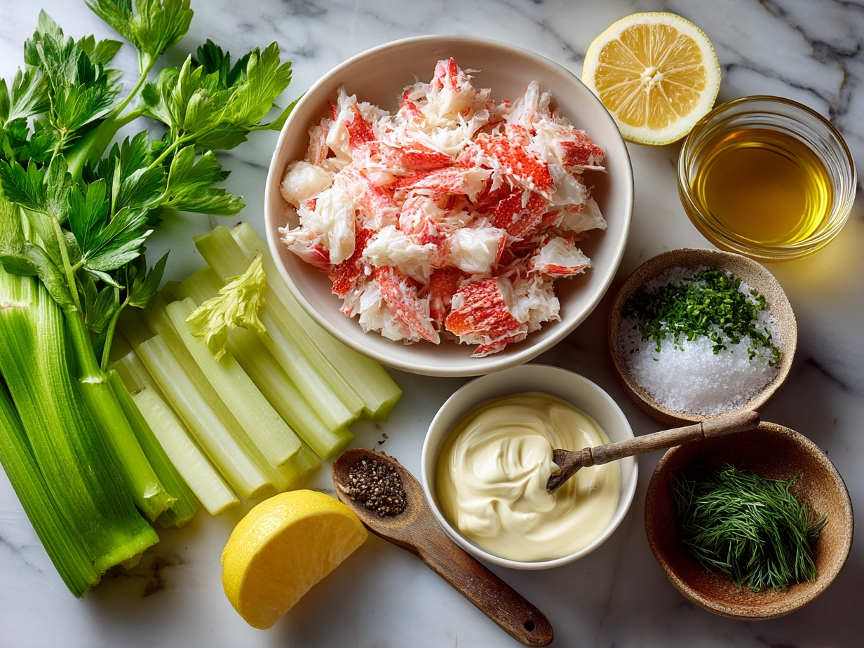 Top-down view of raw ingredients for crab salad including imitation crab meat, celery, onions, and lemon