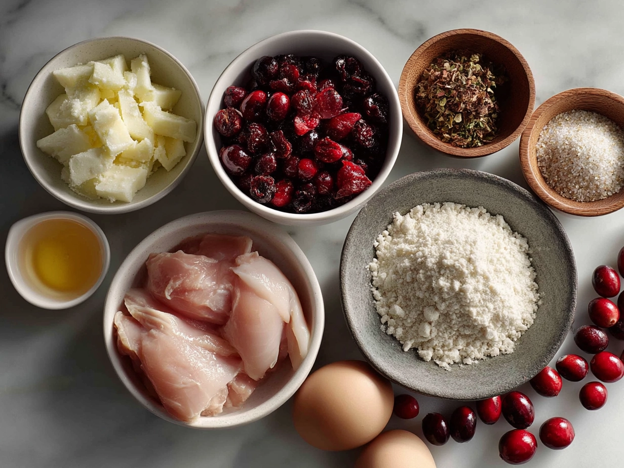 Top down view of raw ingredients for cranberry turkey sliders on a marble surface, including slider buns, turkey, cranberry sauce, Swiss cheese, and seasonings