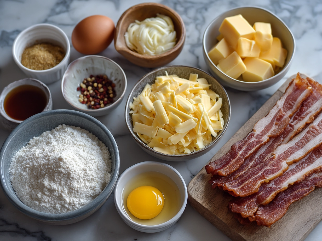 Raw ingredients for crustless bacon cheese quiche laid out on marble surface