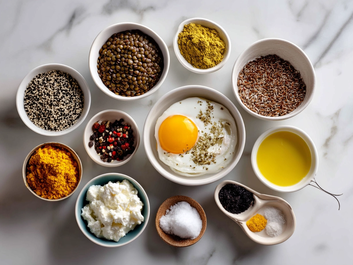 Raw ingredients including green lentils, eggs, garlic, yogurt, lemon and spices for Eggcentric lentils with poached egg and yogurt