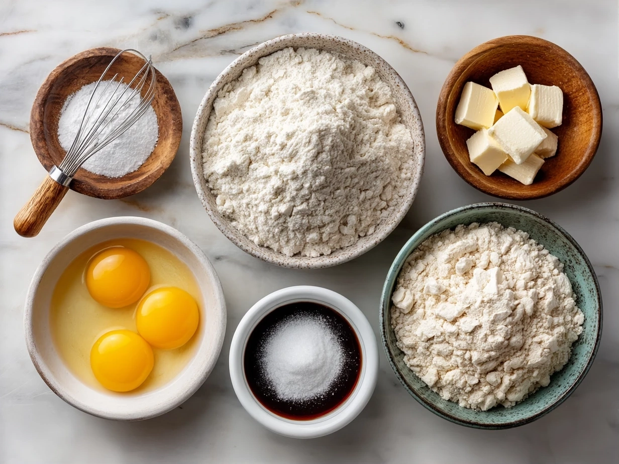 Top down view of raw ingredients for homemade bread on marble surface