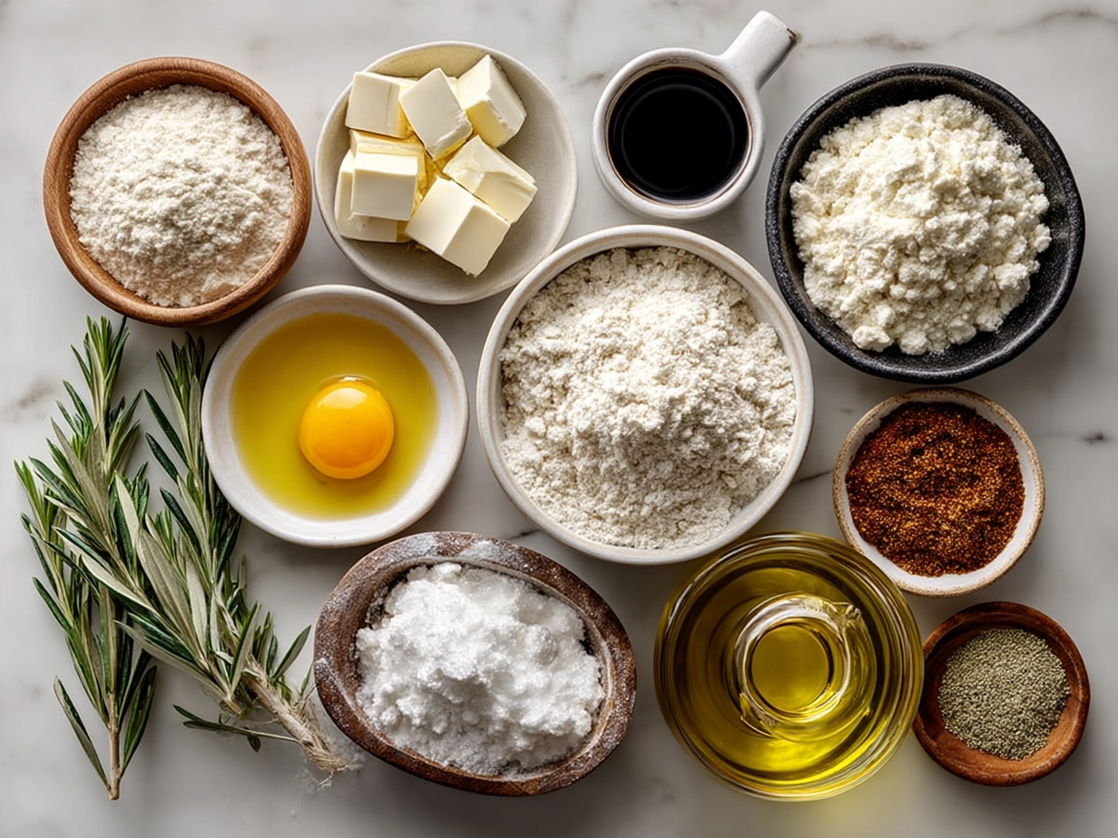 Top down raw ingredients for homemade Italian bread on marble