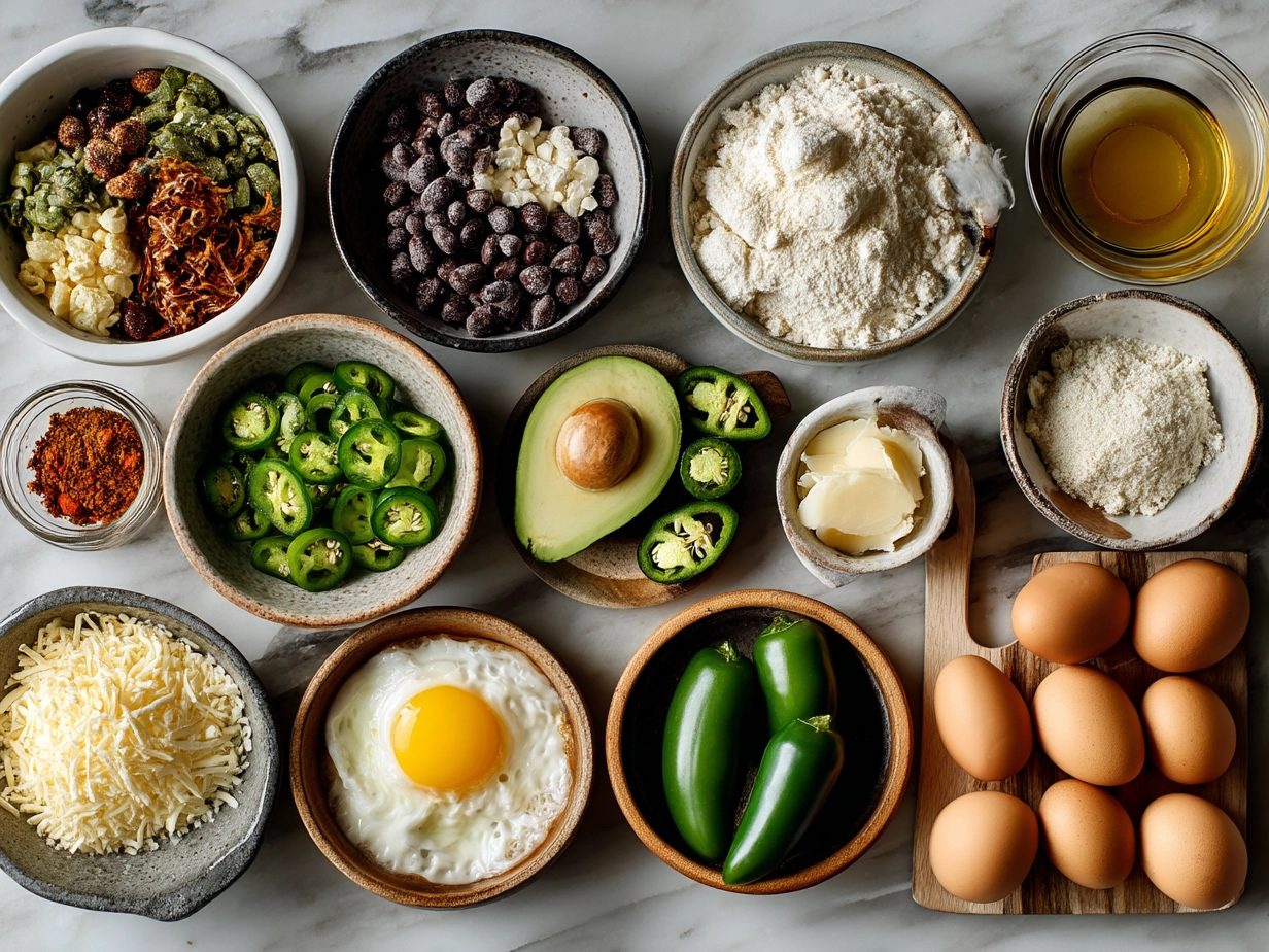 Top-down view of raw ingredients for Jalapeno Poppers Nourish Bowl on white marble surface