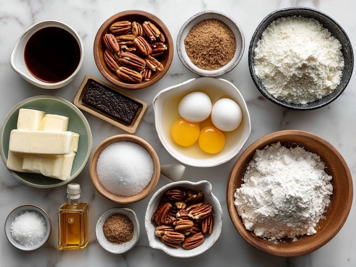 Top down view of raw ingredients for maple pecan sticky buns on a marble surface