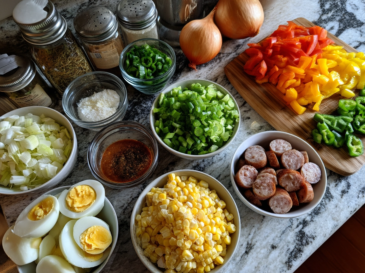 Top down view of raw ingredients for Maque Choux with Sausage Corn on a marble surface