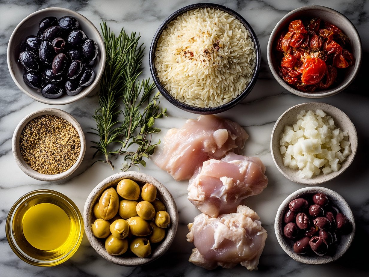 Top down view of raw ingredients for Mediterranean Chicken Orzo on marble countertop, organized mise en place