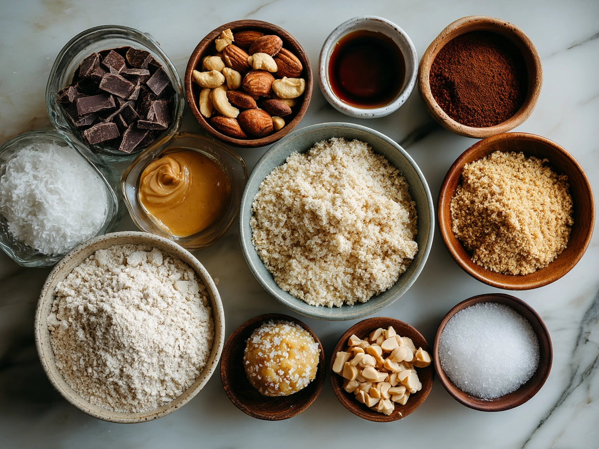 Top down view of raw ingredients for Peanut Butter Balls with Rice Krispies including peanut butter, Rice Krispies, powdered sugar, vanilla, chocolate chips, and coconut oil