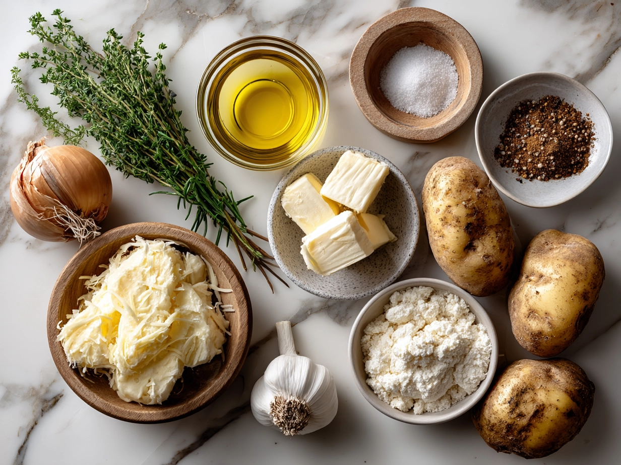 Top down view of raw ingredients for potato soup on a marble counter