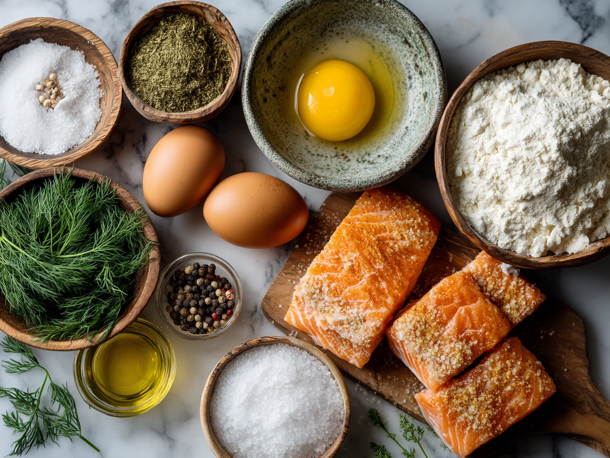 Top down raw ingredients for salmon croquettes on marble
