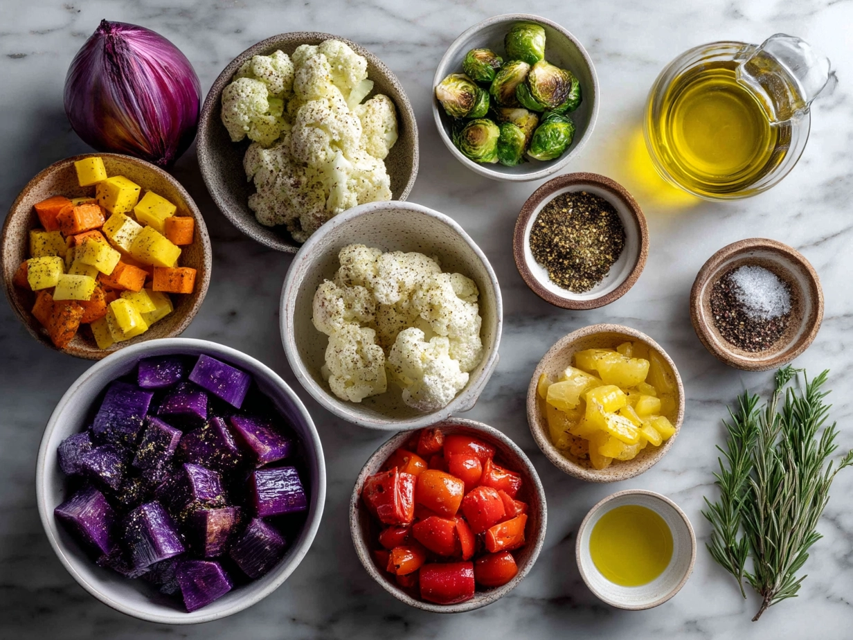 Top-down view of raw ingredients for Slow Cooker Roasted Fall Vegetables including chopped carrots, butternut squash, sweet potatoes, red onion, and garlic