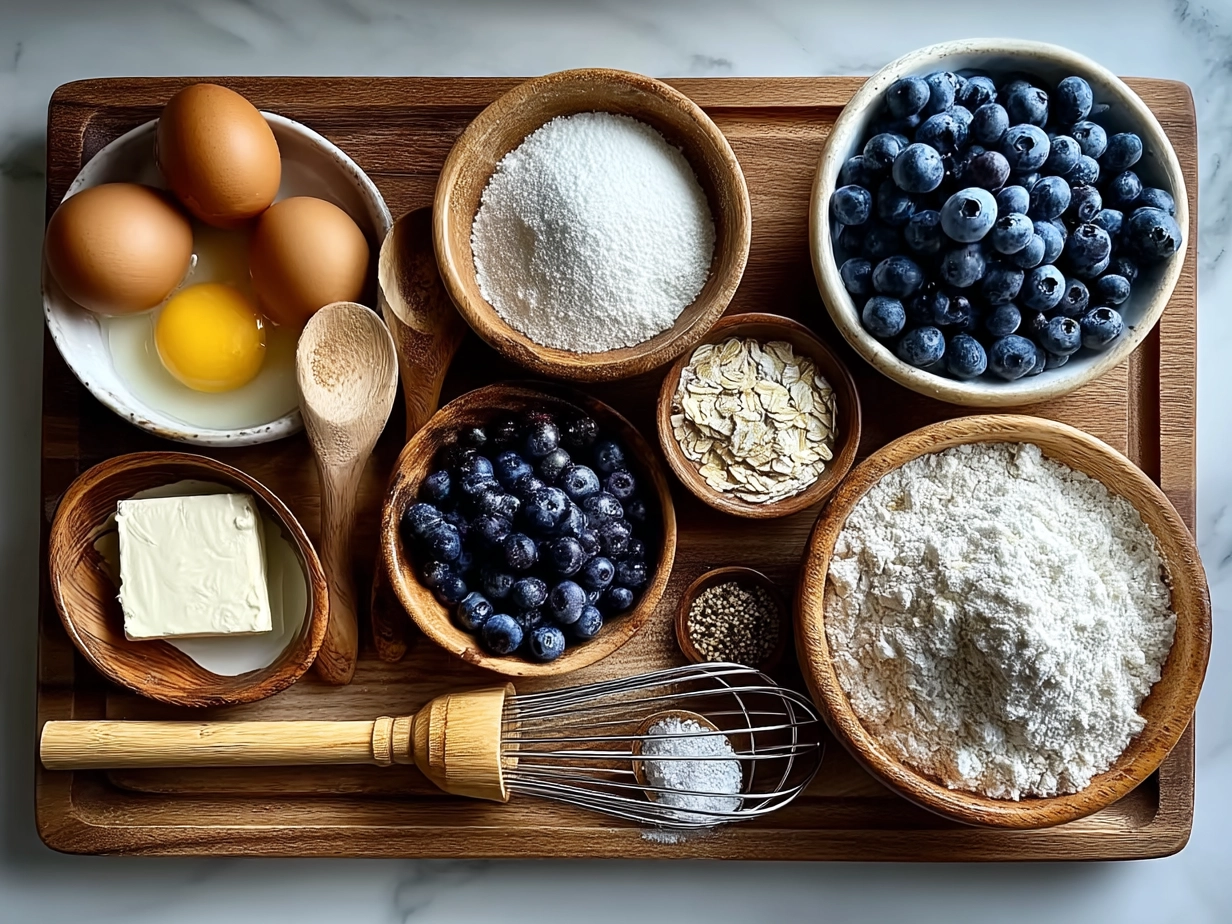 Top down raw ingredients for sourdough blueberry breakfast bars on marble