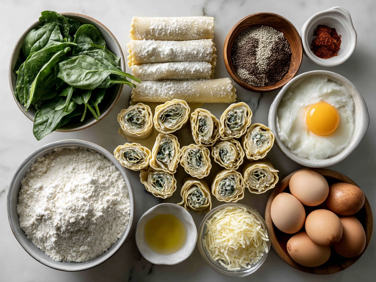 Top-down view of raw ingredients for spinach artichoke lasagna rolls