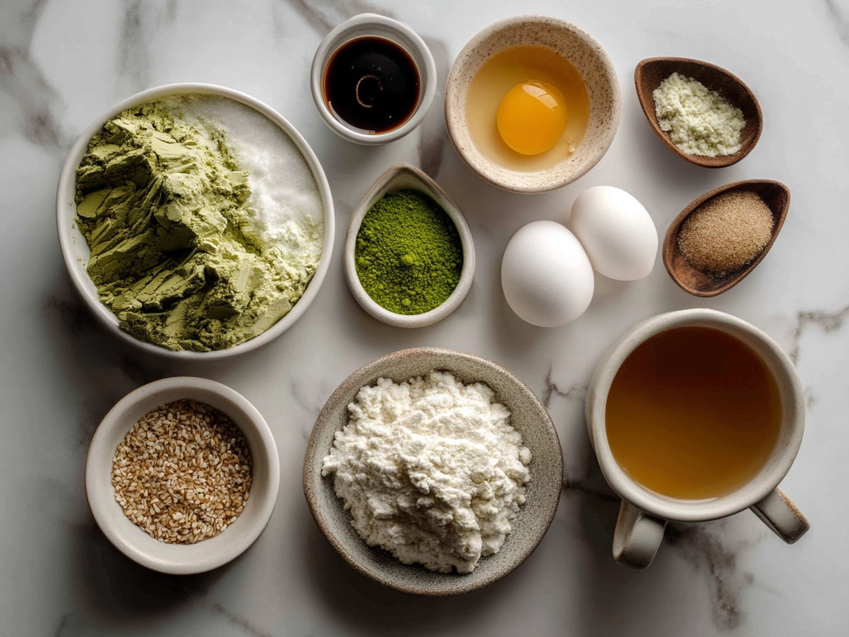 Top down raw ingredients for strawberry matcha latte on marble