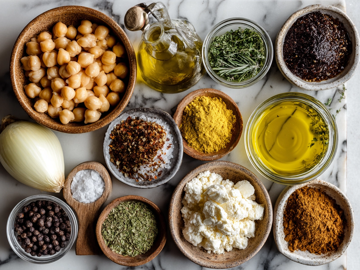 Top-down view of raw ingredients for Tuscan Chickpea Soup including olive oil, onions, garlic, rosemary, cannellini beans, vegetable broth, diced tomatoes, thyme, carrot, and celery