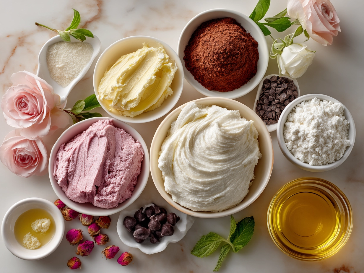 Top down view of raw ingredients for Valentines Cakes Nice Cream Bowl on marble surface