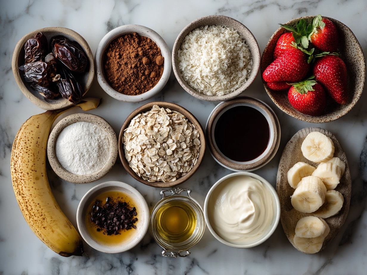 Top down raw ingredients for Valentines Oatmeal Bowl on marble surface with arranged kitchen mise en place