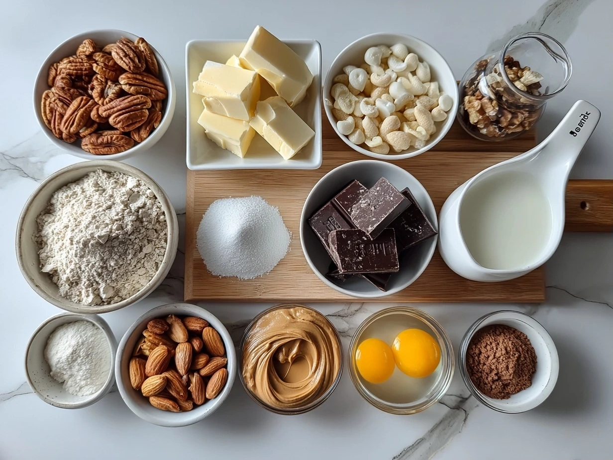 Ingredients laid out for Peanut Butter Cup Chocolate Roll including eggs, cocoa powder, peanut butter, sugar, and peanut butter cups