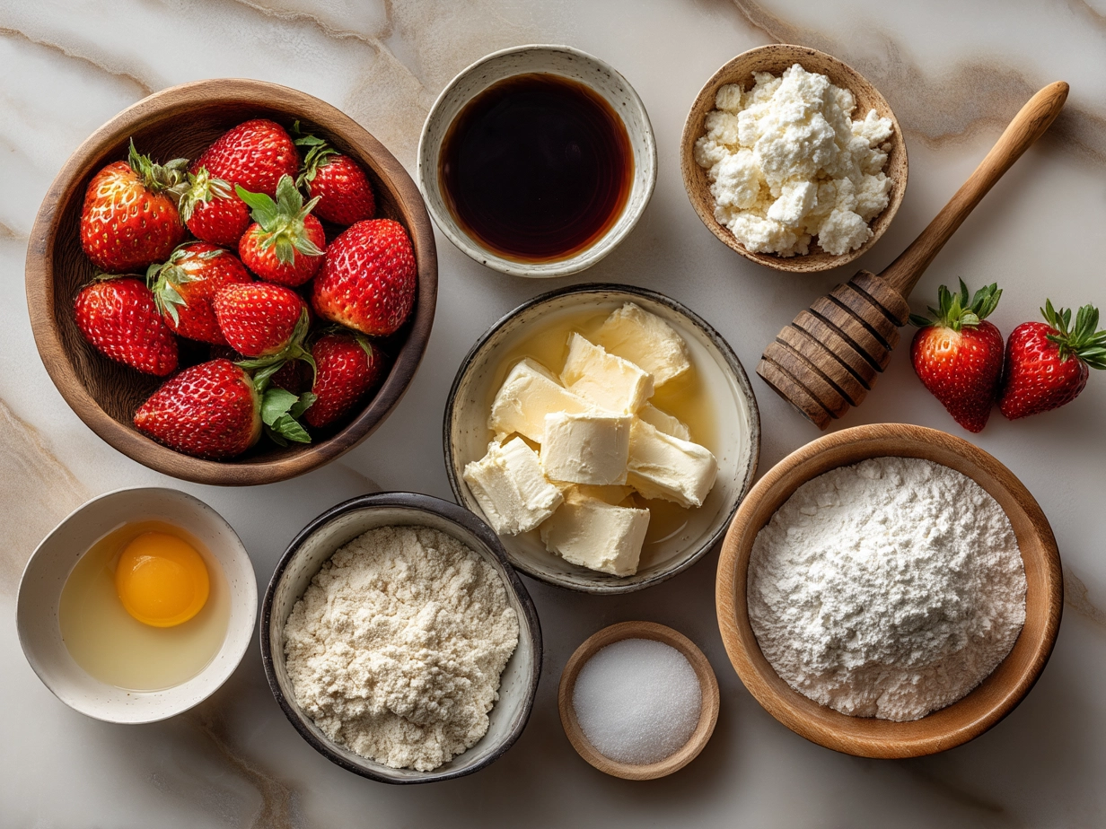 Ingredients laid out for making Strawberry Cheesecake Cookies including butter, cream cheese, sugar, eggs, flour, baking powder, baking soda, salt, and freeze-dried strawberries