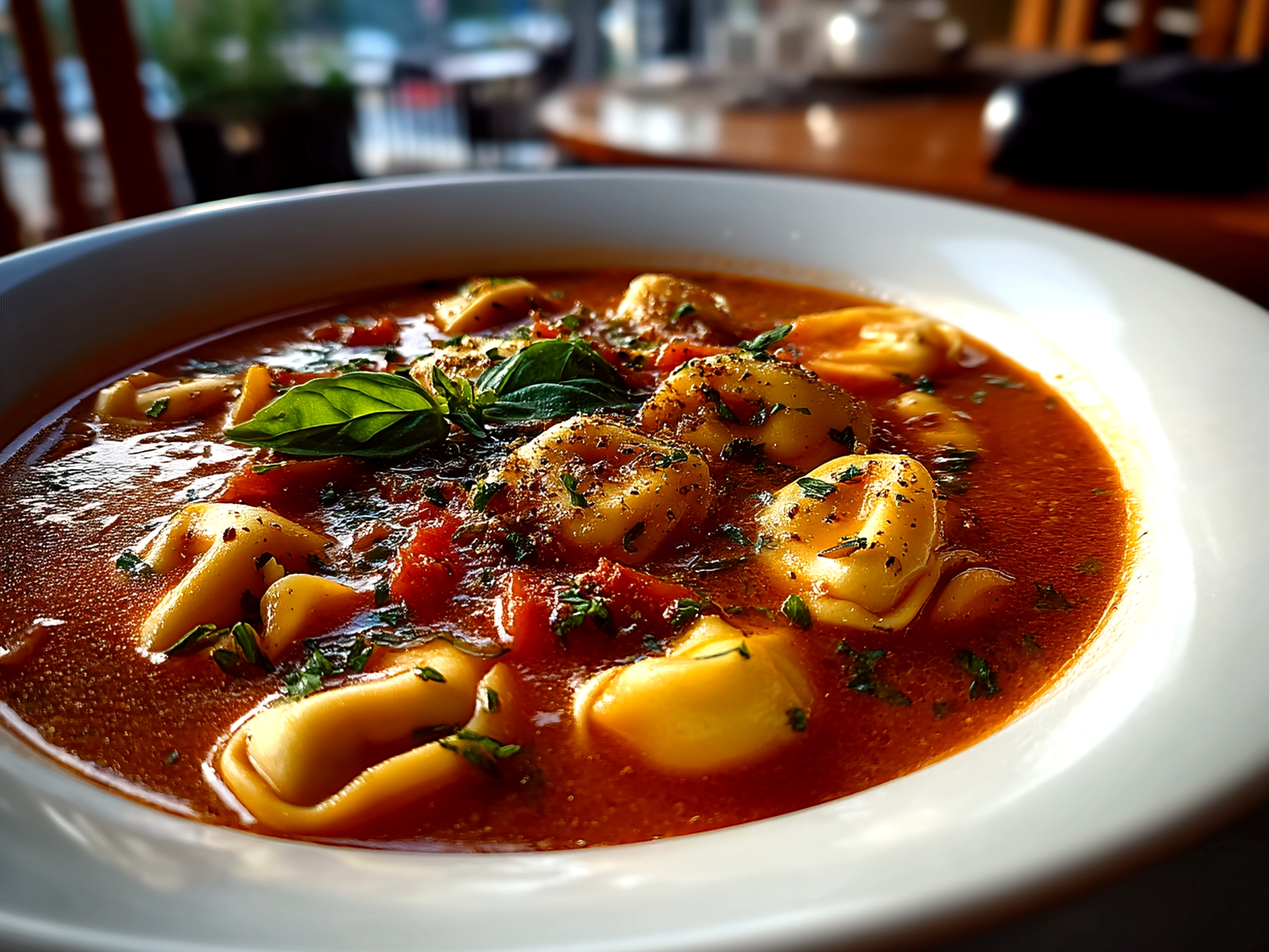 Served bowl of warm Tortellini Soup with crusty bread and Parmesan