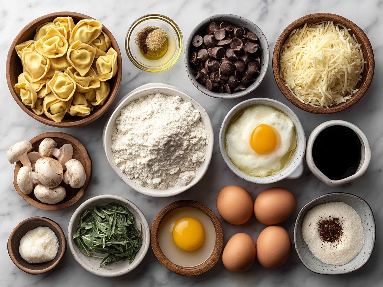 Ingredients for Tortellini Soup including olive oil, onion, garlic, broth, cheese tortellini, spinach, tomatoes, and seasoning