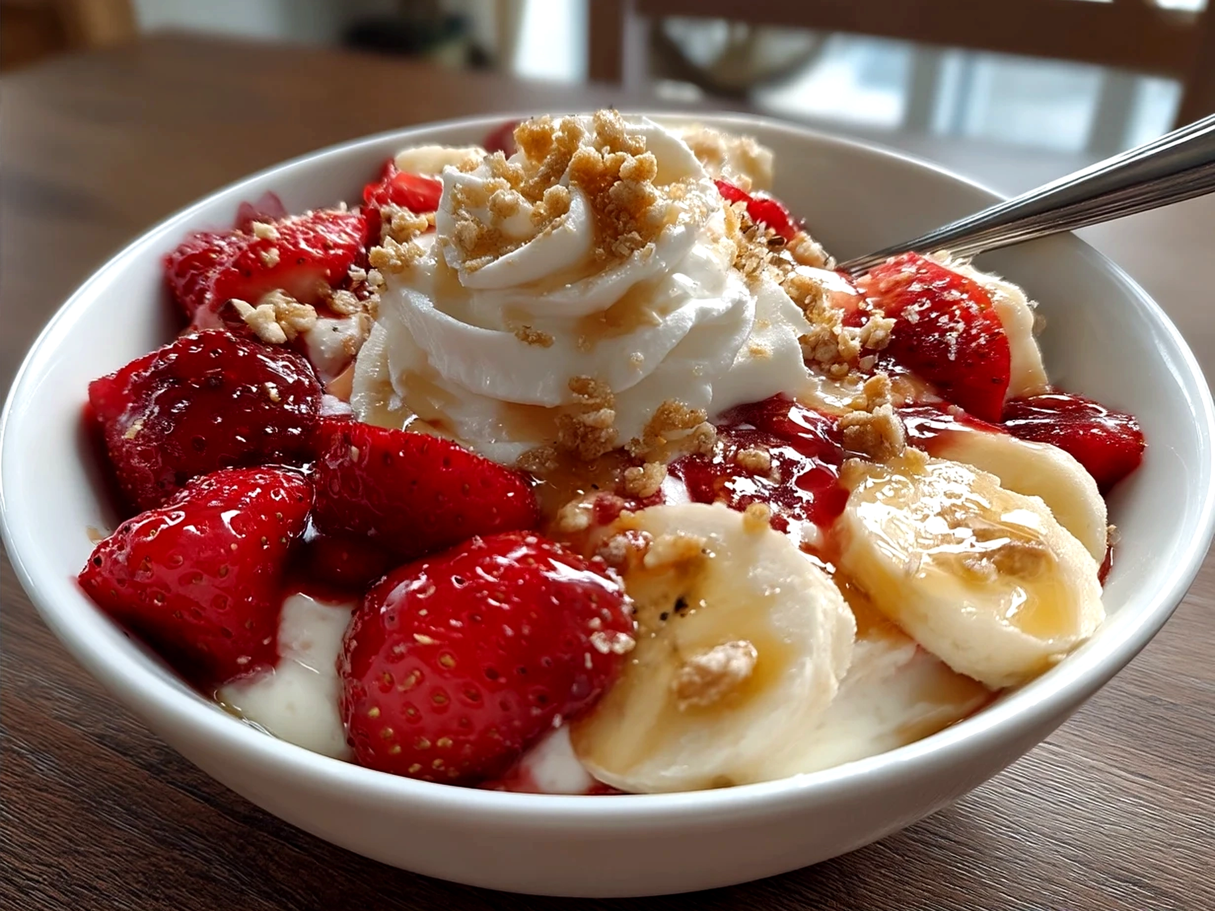 Finished Valentine Breakfast Nice Cream Bowl topped with fresh strawberries, chia seeds, and shredded coconut