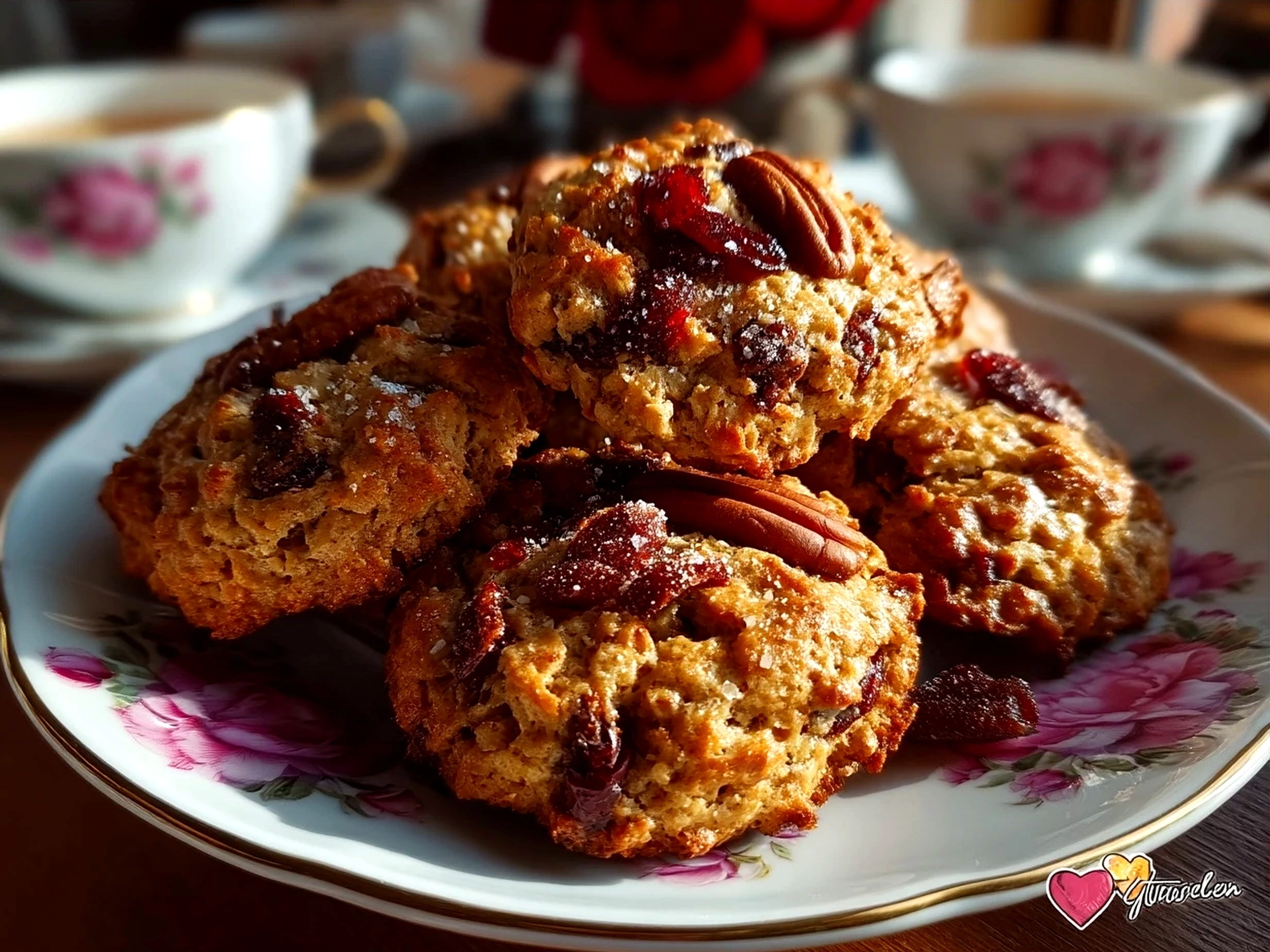 Valentine Cookies Oatmeal Bowl served with heart-shaped cookies and fresh berries on top in a bowl