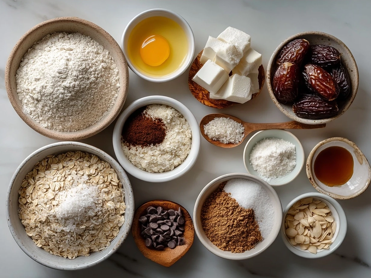 Ingredients for Valentine Cookies Oatmeal Bowl including rolled oats, milk, brown sugar, vanilla extract, heart-shaped cookies, cookie crumbs, and fresh berries