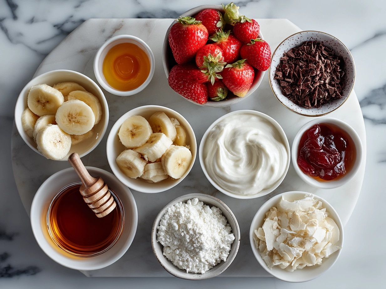 Ingredients for Valentine Treats Greek Yogurt Bowl: Greek yogurt, honey, mixed berries, granola, seeds, and mint leaves